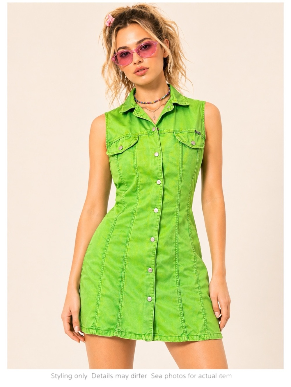 Vintage Y2K Lime Green Tencel Denim Mini Dress Sz 8